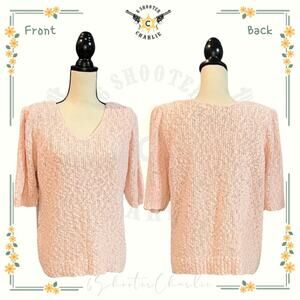 Vintage Essex Junction V-Neck Sweater Women's Size Large Pink Knit Short Sleeve